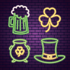 Canvas Print - bundle of four saint patricks day neon lights vector illustration design