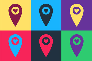Fototapete - Pop art Map pointer with heart icon isolated on color background. Valentines day. Love location. Romantic map pin. Vector.