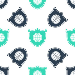 Poster - Green Shield with world globe icon isolated seamless pattern on white background. Security, safety, protection, privacy concept. Vector.