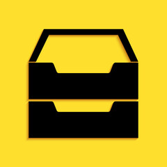 Poster - Black Drawer with documents icon isolated on yellow background. Archive papers drawer. File Cabinet Drawer. Office furniture. Long shadow style. Vector.