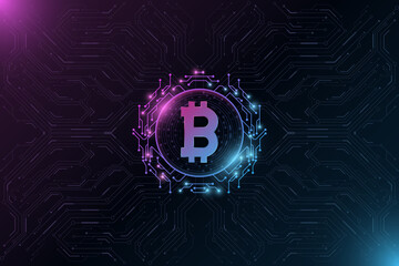Poster - Futuristic Bitcoin digital currency. Big CPU data. Concept of cryptocurrency mining. Hi-tech design blockchain for graphic design. Computer circuit board pattern. Vector illustration.