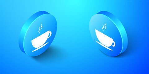 Wall Mural - Isometric Coffee cup icon isolated on blue background. Tea cup. Hot drink coffee. Blue circle button. Vector.