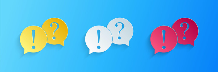 Fototapete - Paper cut Speech bubbles with Question and Exclamation marks icon isolated on blue background. FAQ sign. Copy files, chat speech bubble. Paper art style. Vector.