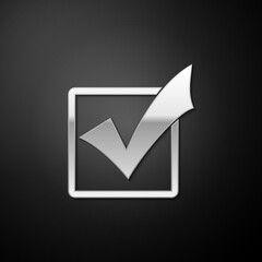 Poster - Silver Check mark in a box icon isolated on black background. Tick symbol. Check list button sign. Long shadow style. Vector.