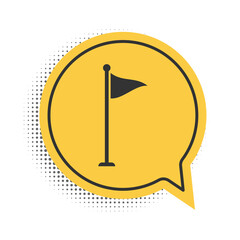 Poster - Black Golf flag icon isolated on white background. Golf equipment or accessory. Yellow speech bubble symbol. Vector.