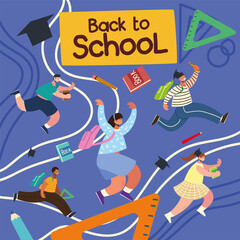 Canvas Print - back to school happy students running school bag education elements