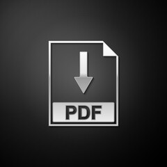 Fototapete - Silver PDF file document icon isolated on black background. Download PDF button sign. Long shadow style. Vector.