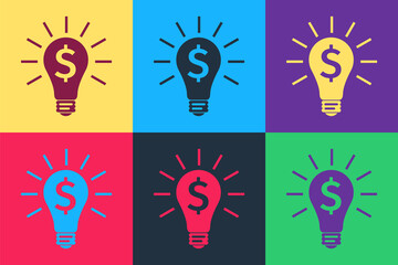 Poster - Pop art Light bulb with dollar symbol icon isolated on color background. Money making ideas. Fintech innovation concept. Vector.