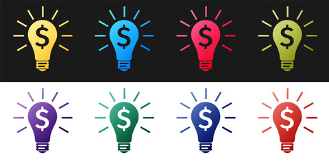 Poster - Set Light bulb with dollar symbol icon isolated on black and white background. Money making ideas. Fintech innovation concept. Vector.