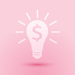 Poster - Paper cut Light bulb with dollar symbol icon isolated on pink background. Money making ideas. Fintech innovation concept. Paper art style. Vector.