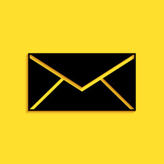 Poster - Black Envelope icon isolated on yellow background. Email message letter symbol. Long shadow style. Vector.