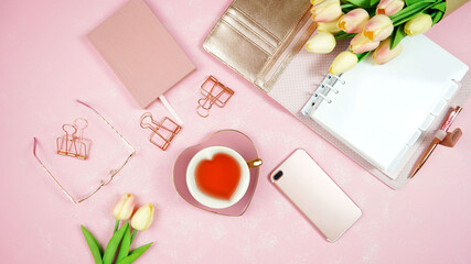Wall Mural - Springtime pink theme desktop workspace with mockups on stylish textured background. Top view blog hero header creative composition flat lay.