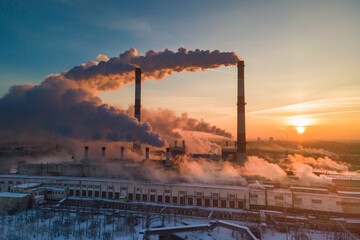industrial factory pollution, smokestack exhaust gases. industry zone, thick smoke. climate change a