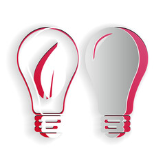Poster - Paper cut Classic Lamp and Light bulb with leaf inside icon isolated on white background. Lighting electric lamp. Green eco energy concept. Paper art style. Vector.