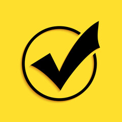 Fototapete - Black Check mark in round icon isolated on yellow background. Check list button sign. Long shadow style. Vector.