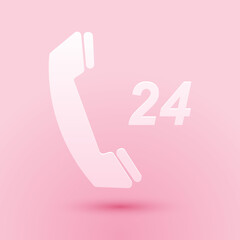 Poster - paper cut telephone 24 hours support icon isolated on pink background. all-day customer support call