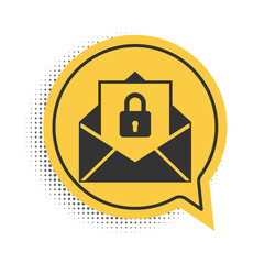 Poster - Black Secure mail icon isolated on white background. Mailing envelope locked with padlock. Yellow speech bubble symbol. Vector.