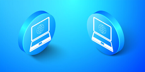 Fototapete - Isometric Globe on screen of laptop icon isolated on blue background. Notebook computer with globe sign. Blue circle button. Vector.