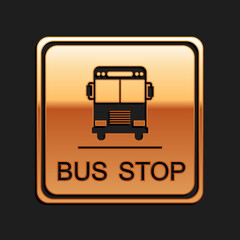 Poster - Gold Bus stop icon isolated on black background. Long shadow style. Vector.
