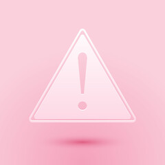 Poster - paper cut exclamation mark in triangle icon isolated on pink background. hazard warning sign, carefu
