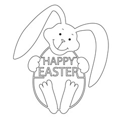 A cute bunny holding an Easter egg, drawn in black outline, inside it is written Happy Easter. Stock vector illustration isolated on a white background.