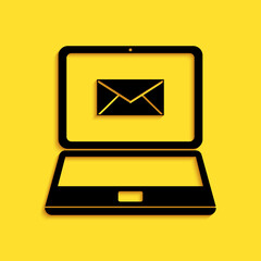 Leinwandbilder - Black Laptop with envelope and open email on screen icon isolated on yellow background. Email marketing, internet advertising concepts. Long shadow style. Vector.