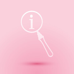Poster - Paper cut Magnifying glass and information icon isolated on pink background. Search with information sign. Paper art style. Vector.