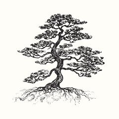 Hand drawn pine tree silhouette. Ink black and white drawing.