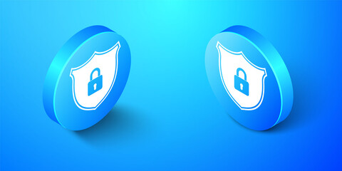 Fototapete - Isometric Shield security with lock icon isolated on blue background. Protection, safety, password security. Firewall access privacy sign. Blue circle button. Vector.