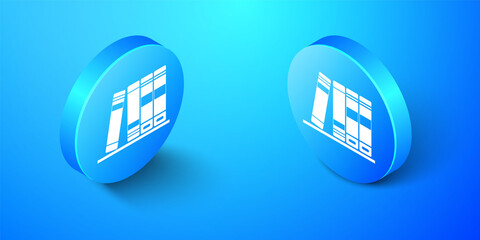 Poster - Isometric Office folders with papers and documents icon isolated on blue background. Archives folder sign. Blue circle button. Vector.