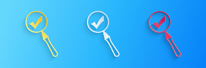 Poster - Paper cut Magnifying glass and check mark icon isolated on blue background. Magnifying glass and approved, confirm, done, tick, completed symbol. Paper art style. Vector.