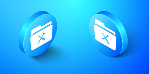 Fototapete - Isometric Folder and tools or settings icon isolated on blue background. Folder with wrench and screwdriver sign. Computer technical service. Blue circle button. Vector.