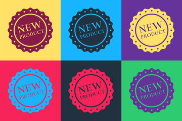 Poster - Pop art New product label, badge, seal, sticker, tag, stamp icon isolated on color background. Vector.