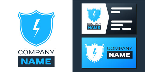 Poster - Logotype Secure shield with lightning icon isolated on white background. Security, safety, protection, privacy concept. Logo design template element. Vector.
