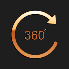 Poster - Gold Angle 360 degrees icon isolated on black background. Rotation of 360 degrees. Geometry math symbol. Full rotation. Long shadow style. Vector.