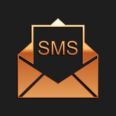 Poster - Gold Envelope icon isolated on black background. Received message concept. New, email incoming message, sms. Mail delivery service. Long shadow style. Vector.