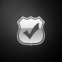 Poster - Silver Shield with check mark icon isolated on black background. Protection, safety, security, protect, defense concept. Tick mark approved icon. Long shadow style. Vector.