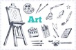 Drawing and painting supplies, vector icons set. Hand drawn sketch of artist tools - paint brushes, pencil, palette with tubes, pen and canvas or easel isolated objects. Vector vintage illustrations