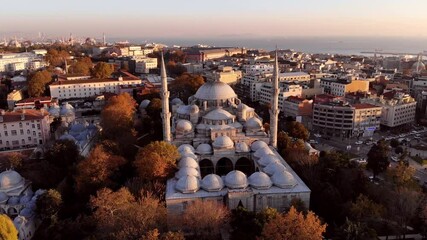 Wall Mural - Sehzade mosque in Istanbul. View from a height at sunset in autumn. The shooting date is November 28, 2020. Istanbul, Turkey.	