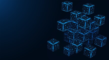 Wall Mural - The technology of blockchain, the blocks containing information. Distribution of the database. Polygonal construction of concatenated lines and points. Blue background.