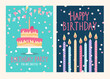 Set of Happy birthday card and party invitation with cake and candles