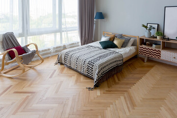 the interior design of the studio apartment in scandinavian style. a spacious huge room in light col