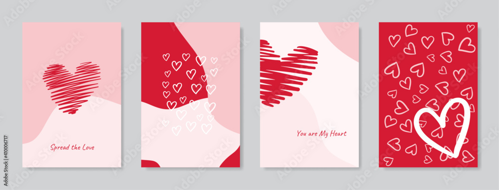 Valentine's day concept posters set. Vector illustration. Flat red and pink paper hearts with frame on geometric background. Cute love sale banners or greeting cards  - obrazy, fototapety, plakaty 