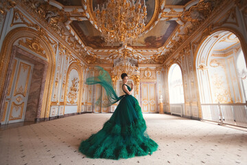 portrait of a beautiful young girl in a haute couture green dress standing in a luxurious gold inter