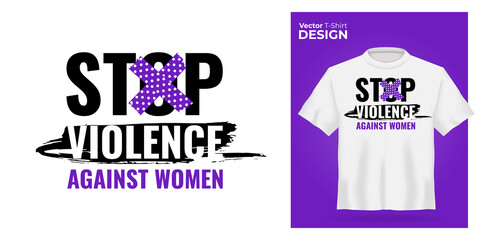 T-shirt mock up with motivation print. 3d realistic shirt template. White tee mockup, front view design, Stop violence against women slogan. Vector illustration