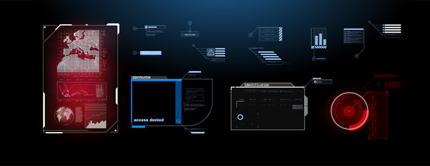 Poster - Head up screens for video games, apps, movie. Sky-fi holograms, warning in the form of holograms - attention, danger, countdown.  Sci Fi HUD modern futuristic user interface square Frames