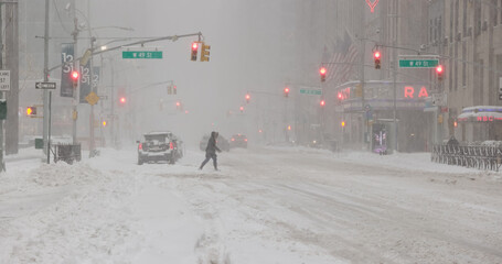 Fototapete - New York City in snow storm blizzard on February 1st 2021