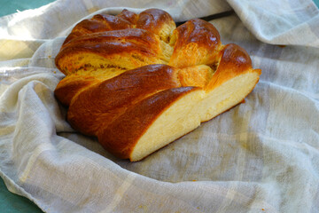 A braided challah brioche bread