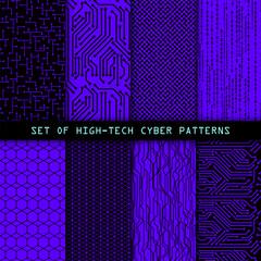 Wall Mural - Set of seamless cyber patterns. Circuit board texture. Digital high tech style vector backgrounds.