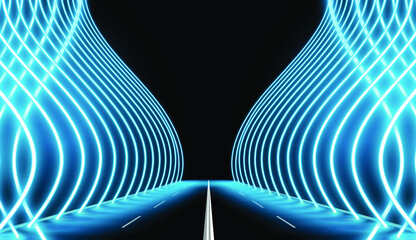 Poster - Abstract glowing blue neon lights line floor background. VIP neon lights entrance way background or festival concept. Neon shaped lighting. Abstract futuristic background.Vector illustration.